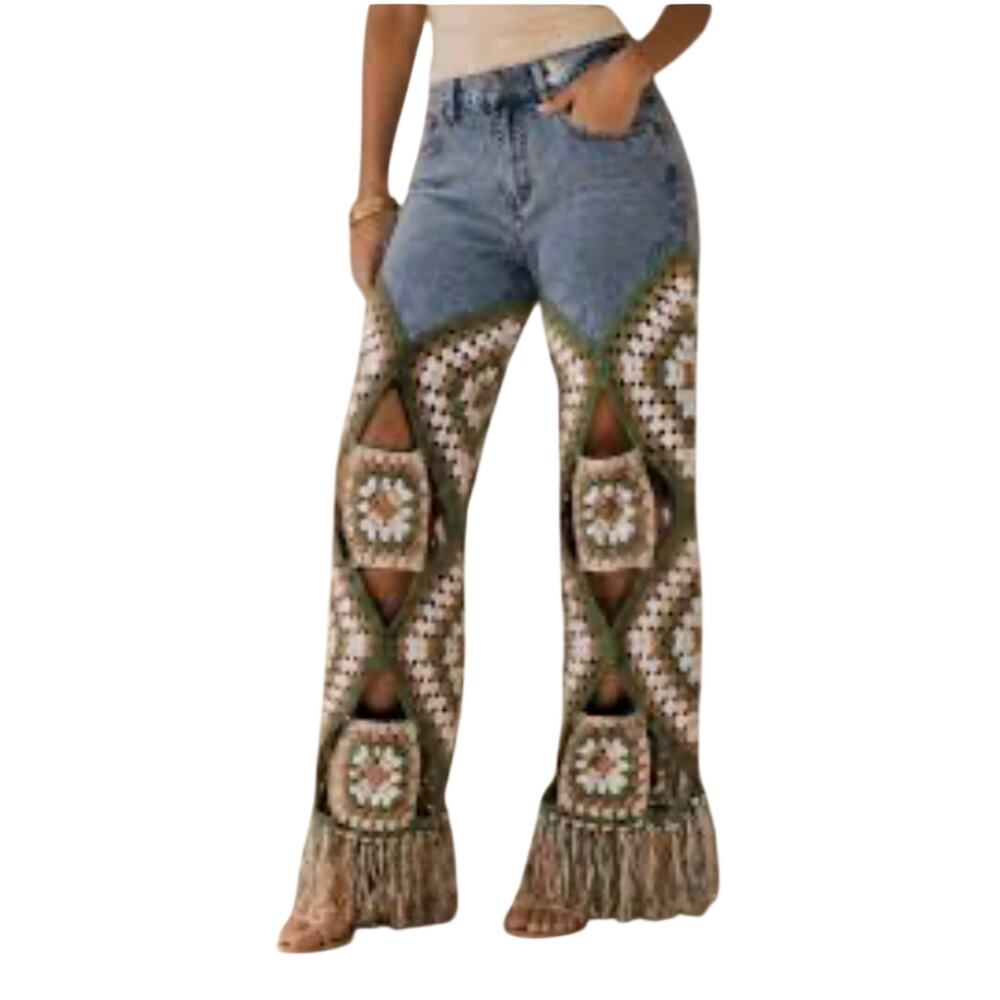 Mello Small Boho Granny‑Square Crochet Fringe Pants